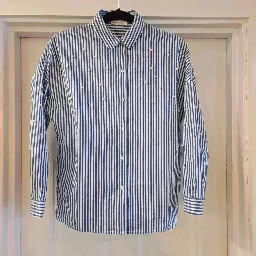 Bershka Button Down Pearl Embroidered Striped Shirt Womens Blue White Size XS